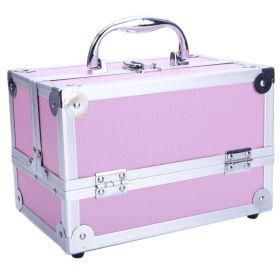 Portable Pink Aluminum Makeup Train Case with Top Handle Dual Opening and Built In Mirror Lockable Cosmetic Organizer Box for Travel Professional Beau