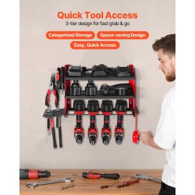 Power Tool Organizer Wall Mount, 3-Layer Storage Rack with 4 Drill Holders, Tools Holder and Storage Rack with Side Pegboards