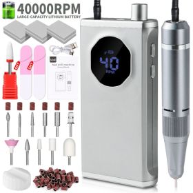 Professional Nail Drill, 40000RPM Electric Nail File For Acrylic Gel Nails Polishing Removing, Rechargeable Portable Cordless Nail Drill Kit With (Option: Gray)